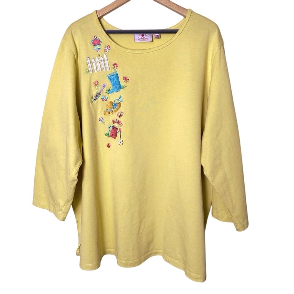 The Quaker Factory Yellow Gardening Embroidered 3/4 Sleeve Blouse Women 3X Plus